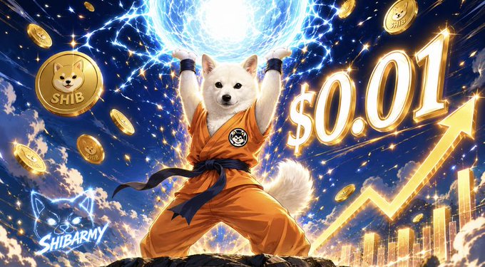 The image features a white dog dressed in an orange suit standing in front of a power surge that's charging up a building with the text "$.SHIB$". The caption in the image reads "The $SHIB$ Spirit Bomb is charging. All eyes on $0.01. Not just a dream. A movement powered by belief, patience, and the SHIBARMY."
