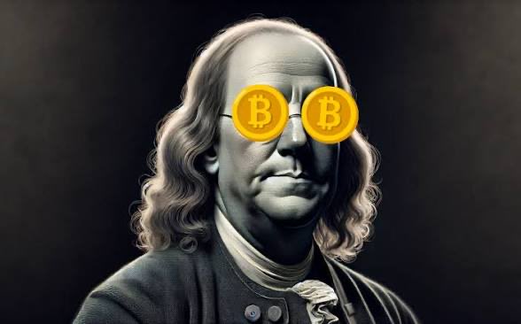 A statue of Benjamin Franklin wears yellow Bitcoin logo sunglasses as a playful cryptocurrency meme.