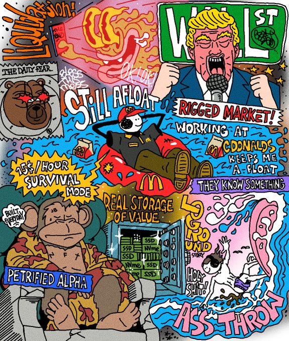 A colorful graffiti-style illustration featuring references to WallStreetBets and crypto meme culture, including a 'WALLST BET' sign with a Trump-like figure, a 'STILL AFLOAT' phrase with Mario on a jet ski, '$15/HOUR SURVIVAL MODE', 'McDONALDS KEEPS ME AFLOAT', 'RUGGED MARKET', and 'PETRIFIED ALPHA' with a BAPE monkey.