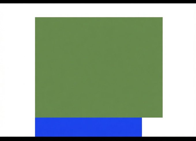 Simple graphic showing a large green square with a smaller blue rectangle positioned at the bottom center, against a white background.