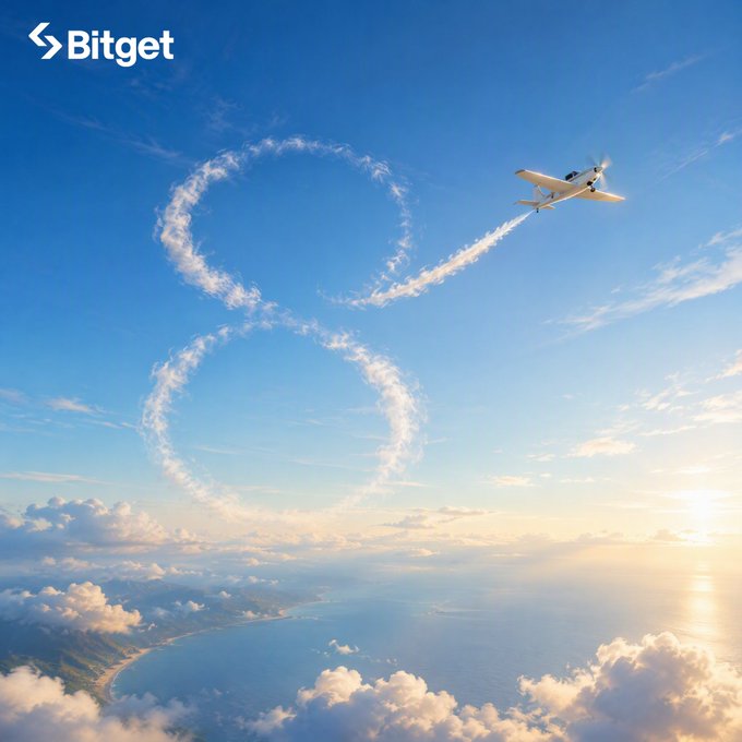 An aerial photo shows a small plane drawing a figure-eight pattern in the sky over a coastline at sunset, with the 'Bitget' logo in the top left corner.