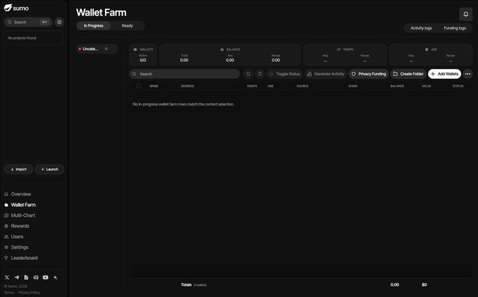 A dark-themed dashboard interface titled 'Wallet Farm' by Sumo showing 0.00 statistics for wallets, balance, tokens, AOE, and funding, with navigation options like Overview, Multi-Chart, Rewards, Users, Settings, and Leaderboard.