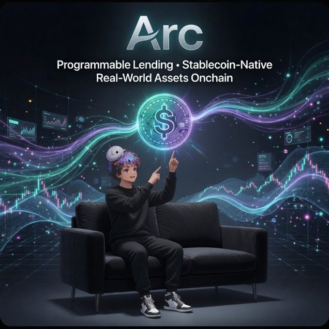 The image features a man sitting on a couch with his hand raised above his head, pointing at something. The background of the image has a dark purple color scheme, which contrasts with the white text that reads "arc" and "programmable lending". There is also a dollar sign in the center of the image.