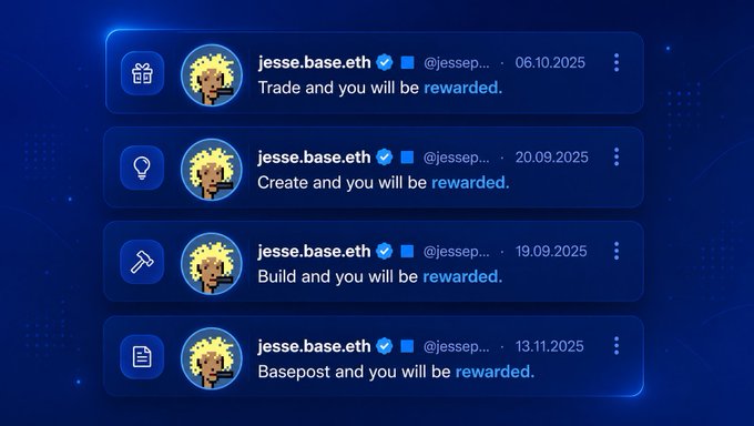 The image shows four different posts on a social media platform with blue backgrounds and white text. The posts are about various projects or ideas that people have been working on for the past year. One of the posts, titled "If you have nothing to do, at least share the projects you truly believe in and get involved in their ecosystems", seems to be related to a project named @base.