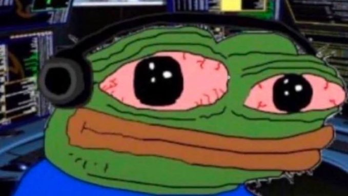 The 'Sad Pepe' meme shows a green cartoon frog with bloodshot eyes wearing black headphones, set against a dark background of computer monitors with stock tickers.