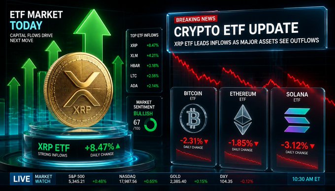 A crypto market dashboard showing an "ETF MARKET TODAY" update with XRP leading inflows at +8.47%, while Bitcoin, Ethereum, and Solana ETFs show daily losses (-2.31%, -1.85%, -3.12%); a "BREAKING NEWS: CRYPTO ETF UPDATE" banner reads "XRP ETF LEADS INFLOWS AS MAJOR ASSETS SEE OUTFLOWS," with market sentiment labeled BULLISH at G7 index 7100.