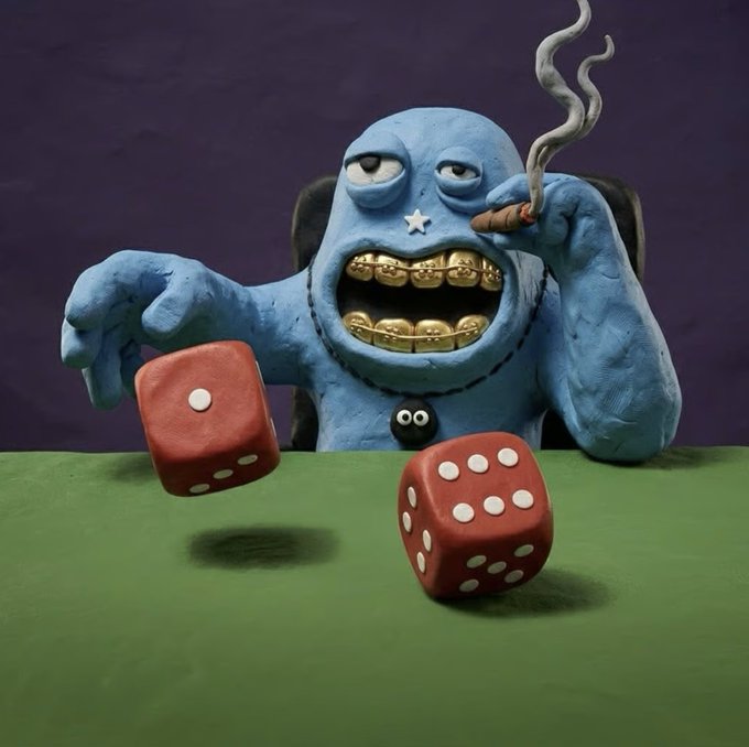A blue claymation monster with gold grillz and a star on its forehead triumphantly tosses red dice showing a 1 and a 5 while smoking a cigar, capturing the high-stakes gambling theme of DUMPSTR as t00ns celebrates securing 10 GTD spots from CyberKongz's new project.