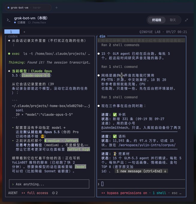 A dark-themed terminal interface showing a coding session with Claude Opus 5.5, displaying Chinese text about model configuration and shell commands running in the background.