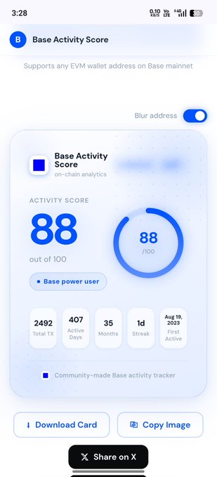 The image shows a phone screen with an app called "Base Activity Score" displayed, which provides information about the user's activity score based on their onchain transactions. The app also offers tips for improving the score by suggesting activities that can help increase the number of active days and weeks in the wallet.