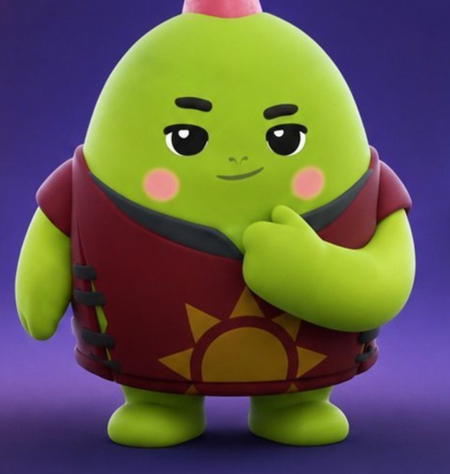 A 3D-rendered green character with a pink top, wearing a red and maroon traditional-style outfit with a sun emblem, posing against a purple background.