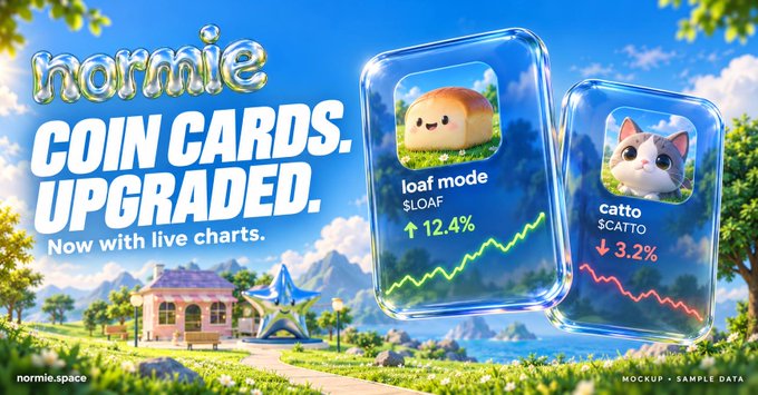 An advertisement for 'normie' titled 'COIN CARDS, UPGRADED' now featuring live data, showing two example cards: 'loaf mode $LOAF' with an upward trend of 12.4% and 'catto $CATTO' with a downward trend of 3.2%.