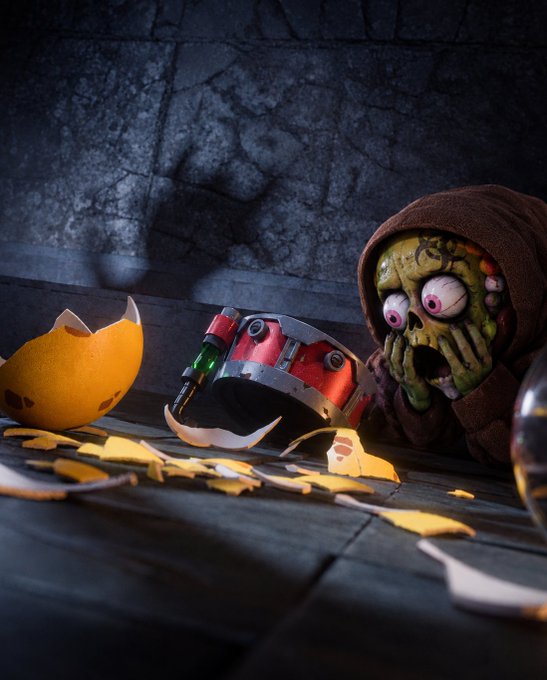 A highly detailed, stylized 3D render shows a green, zombie-like character wearing a brown hooded robe, reacting with a shocked expression to a broken eggshell and a damaged, robotic red head on the floor.
