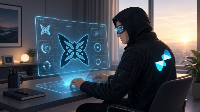A hooded figure wearing VR goggles works at a desk with holographic butterfly-themed interfaces floating above a glowing blue surface, set against a sunset cityscape view.