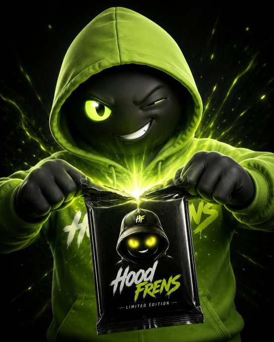 A 3D-rendered character in a neon green hoodie with glowing eyes smirks while opening a black snack bag labeled 'HOOD FRENS LIMITED EDITION'.