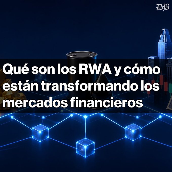 A Spanish-language graphic reading 'Qué son los RWA y cómo están transformando los mercados financieros' over a digital blockchain/cryptocurrency background with blue cubes and gold coins.