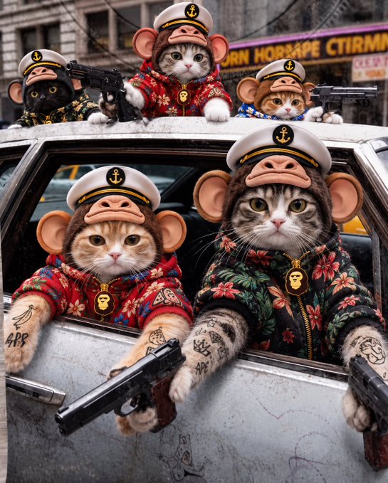 A group of anthropomorphic cats dressed in Hawaiian shirts and sailor hats hold firearms while riding in and on top of a car.