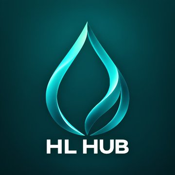 A logo featuring a stylized blue water droplet or flame design above the text 'HL HUB' on a dark teal background.