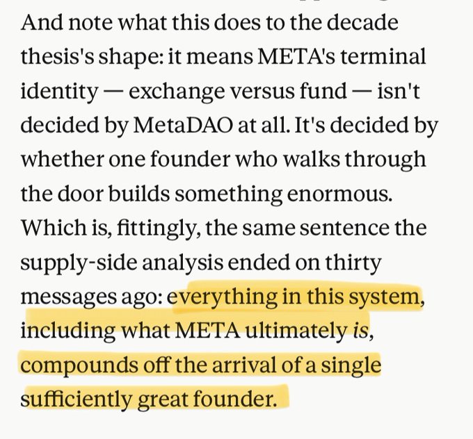 A text excerpt discussing MetaDAO and META's thesis, with the highlighted sentence: "everything in this system, including what META ultimately is, compounds off the arrival of a single sufficiently great founder."