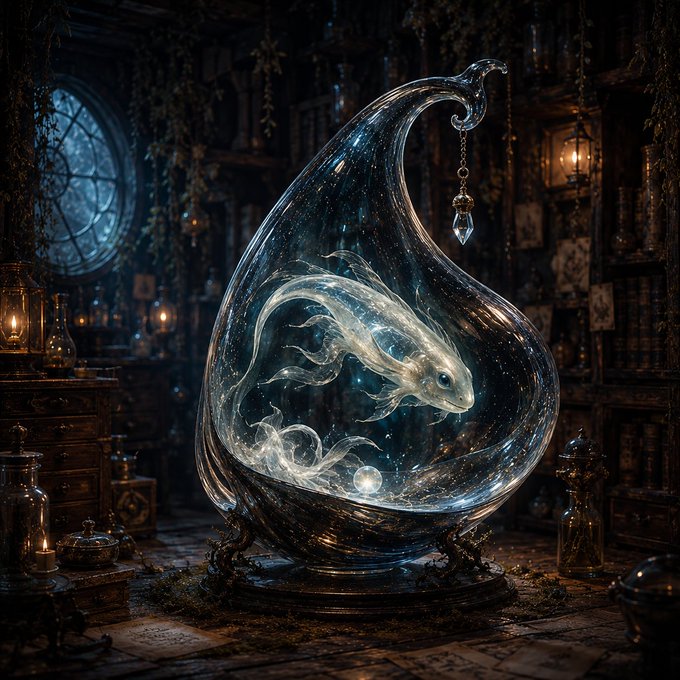 A fantasy illustration depicts a glowing, ghostly white fish trapped inside a large, swirling teardrop-shaped glass vessel in a dimly lit, magical room filled with books and candles.