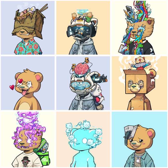 The image features a collection of nine cartoon bear characters, each with unique appearances and poses. The bears are depicted wearing various outfits and accessories, such as hats or headgear, giving them distinct looks. Some bears have their heads covered by bags, while others wear masks that cover their eyes. The bears are arranged in a grid-like pattern on the image, showcasing the diversity of the characters and their individual styles.