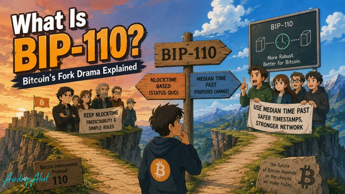The image is a stylized illustration titled "What Is BIP-110? Bitcoin's Fork Drama Explained," featuring a person at a crossroads signpost comparing the "Nlocktime Based (Status Quo)" and "Median Time Past (Proposed Change)" approaches, with supporters on each side advocating for either "Keep Nlocktime" or "Use Median Time Past." It visually summarizes the technical debate over BIP-110 referenced in the post, which warns readers about potential scam sites falsely promising "BIP-110 coins" despite the proposal not producing a tradable fork token.
