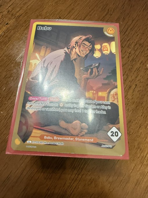 A trading card featuring the character 'Bobu, Brewmaster, Stonemend', a leader card with a value of 20, depicting a man holding a sake bowl.