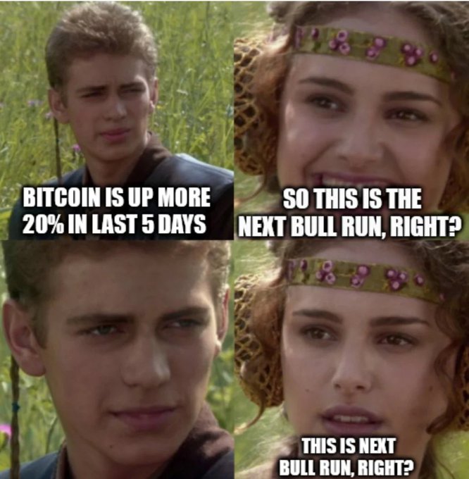 A four-panel meme from Star Wars: Attack of the Clones featuring Anakin and Padmé, with text showing Anakin stating "BITCOIN IS UP MORE 20% IN LAST 5 DAYS," followed by Padmé's concerned question "SO THIS IS THE NEXT BULL RUN, RIGHT?" repeated with increasing worry, humorously capturing crypto investors' fear of jinxing a rally, which ties directly to the post's sentiment of "Let's not jinx it."