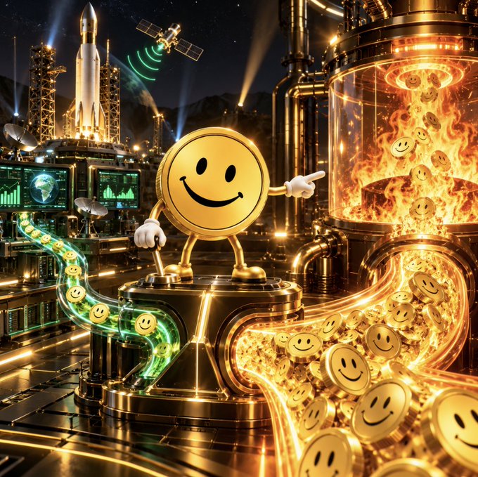A giant golden smiley coin mascot stands triumphantly atop an industrial launchpad, pointing toward a blazing furnace where rows of identical $STONKS tokens are being processed and "burned" in flames, while a rocket and satellite signal $STONKS' impending launch into the crypto stratosphere; surrounding monitoring screens display bullish green charts reinforcing the project's 80% revenue buyback-and-burn deflationary model, with the remaining 20% fueling operational growth.