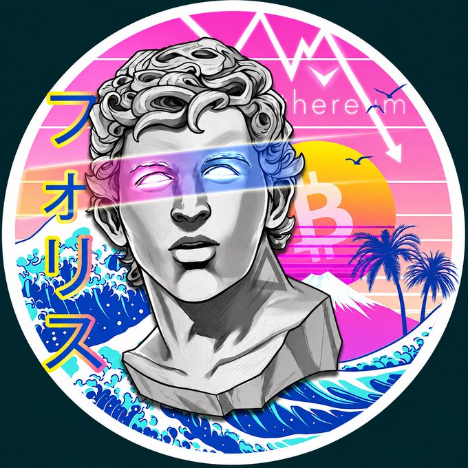 A vaporwave-style image featuring a classical bust statue with a Bitcoin symbol on the eye, set against a pink and purple retro sunset with waves, palm trees, and mountains, accompanied by Japanese text "フォールス" (False) and a declining chart line. The composition satirizes the "false" narrative around Bitcoin, aligning with the cryptic post suggesting the iconic profile picture is returning.