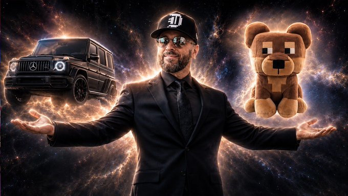 Damien "Shield" Galvin stands centered in a black suit, cap, and sunglasses with arms outstretched, balancing a Mercedes G-Wagon on his right hand and a Minecraft-style teddy bear on his left against a cosmic nebula backdrop. The luxury vehicle and plush item visually represent his "Mercedes Years" corporate finance background while the cosmic setting evokes the Web3/blockchain theme of the DDNYC 2026 event where he serves as a vendor coordinator.