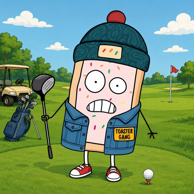A cartoon toast character wearing a denim vest labeled "TOASTER GANG" and a beanie holds a golf club on a golf course, appearing nervous before a tee shot. The image playfully ties into the "Good Morning Friday Gang" post by branding the toasty mascot as part of the Toaster Gang community.