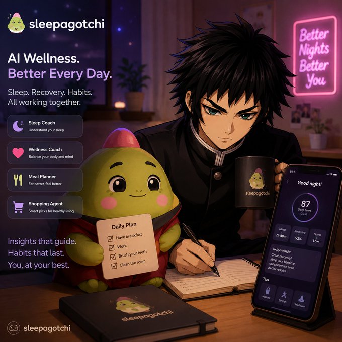An anime-style promotional image for 'sleepagotchi' featuring an AI wellness app with features like Sleep Coach, Wellness Coach, Meal Planner, and Shopping Agent, showing a character writing in a notebook beside a green creature and a phone displaying sleep stats.
