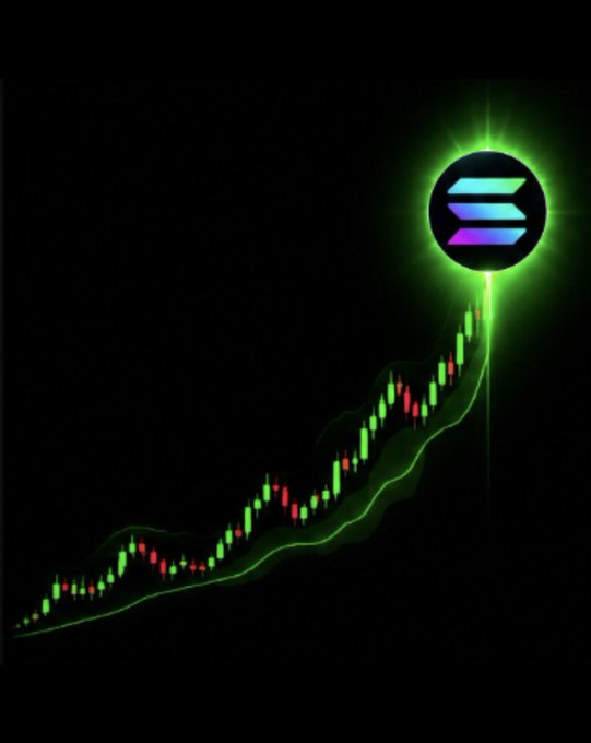 A stylized graphic showing a green-glowing candlestick chart trending upward against a black background, with a Solana (SOL) logo prominently displayed at the peak.