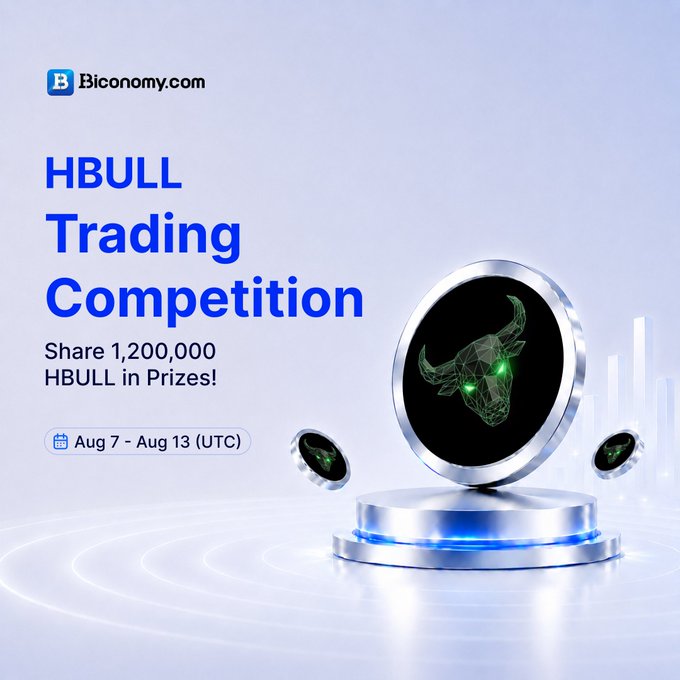 A promotional graphic for Biconomy.com's HBULL Trading Competition, featuring the Biconomy logo and text announcing a 1,200,000 HBULL prize pool from Aug 7–Aug 13 (UTC), alongside a stylized 3D rendering of a green geometric bull medallion displayed on a futuristic podium.