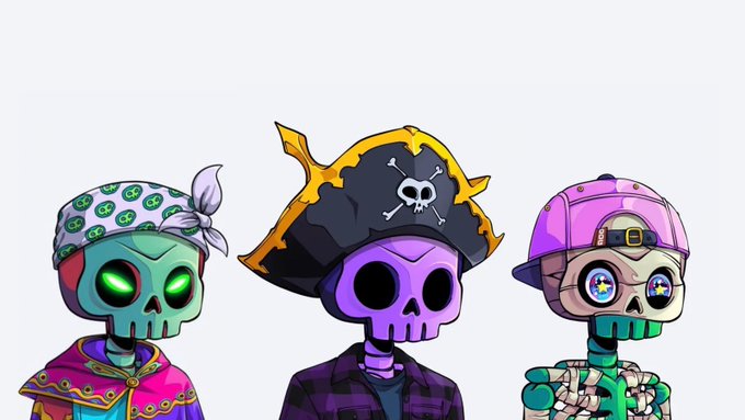 The image features a cartoon illustration of three skulls standing side by side against a white background, wearing hats and clothing that resemble pirate-like outfits. The text "I'm cooking with @DedGorgez More to come..." is present near the bottom right corner of the image. This image could be related to a post about cooking or recipes, where @DedGorgez may have contributed an image or a recipe to inspire others in a culinary theme that includes skulls and pirate-inspired outfits.