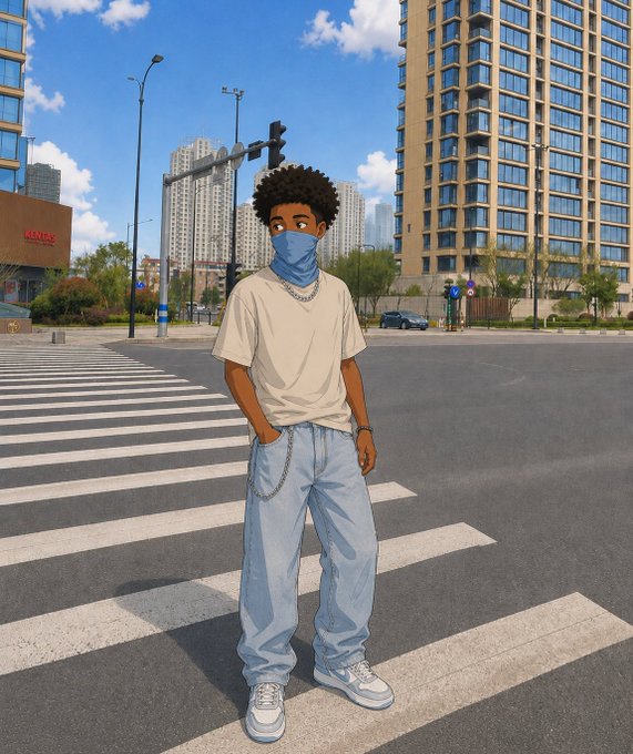 The image features a man standing at a crosswalk wearing a face mask and blue jeans, with his hands in his pockets. The background shows tall buildings, suggesting an urban setting. There are also traffic lights visible in the scene, indicating that they are near a busy street or intersection.