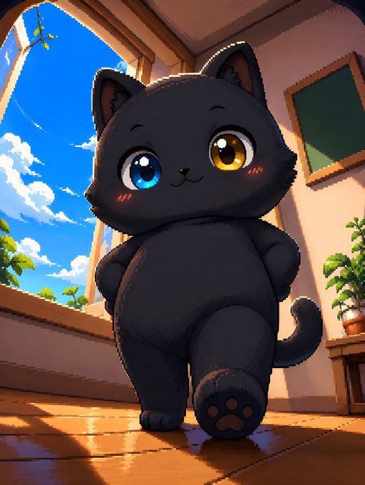 The image features a cartoon cat walking across a room with sunlight streaming through an open window. The cat has blue eyes and a black body, giving it a unique appearance. The background of the image includes a potted plant and a chair, adding depth to the scene. The text in the image reads "Stateful Precompiles are how @ritualnet lets smart contracts use off chain compute without feeling off chain", which is related to the post about smart contracts and their execution on the Ethereum blockchain.