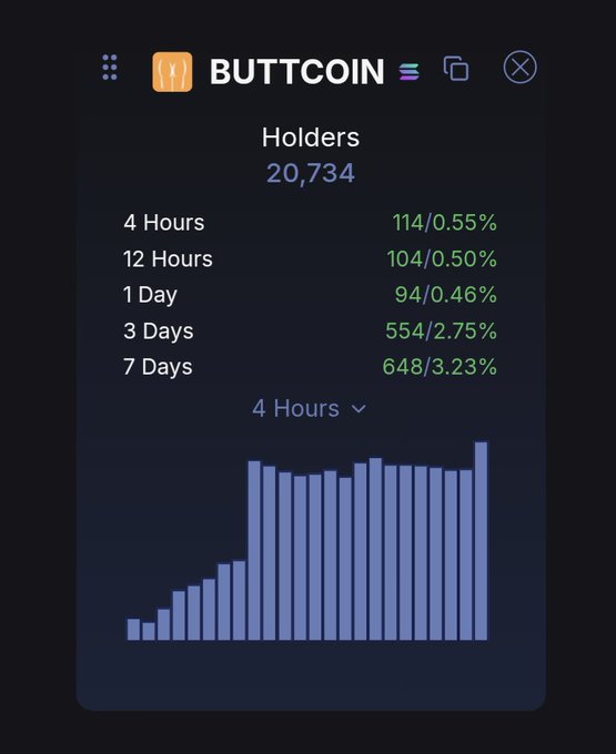 A token holders dashboard for BUTTCOIN showing 20,734 total holders with growth metrics across 4 hours (114/0.55%), 12 hours (104/0.50%), 1 day (94/0.46%), 3 days (554/2.75%), and 7 days (648/3.23%), accompanied by a bar chart.