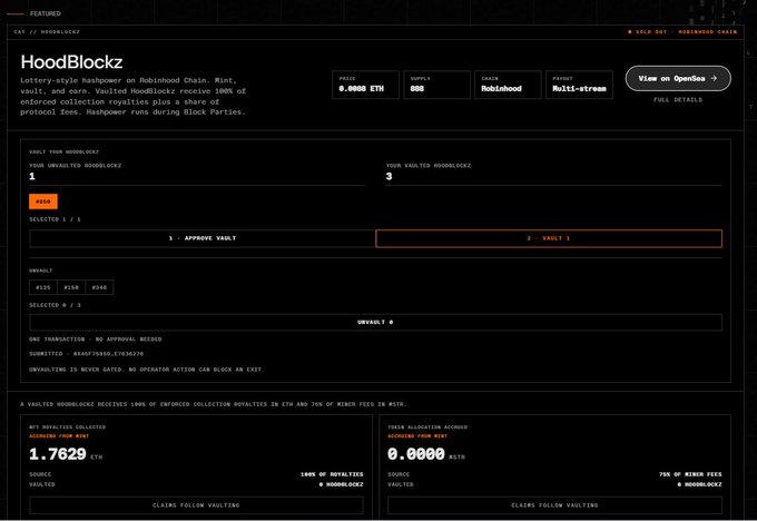 The image displays a "HoodBlockz" NFT minting interface on the Robinhood Chain, requiring users to approve a vault, mint one out of 6,346 HoodBlockz NFTs, and vault three to earn a share of enforced collection royalties—aligning with the announcement of the HoodBlockz Vault going live on basedmining.xyz.