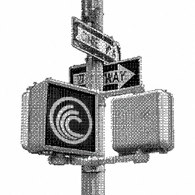 A black-and-white halftone illustration depicts traffic signals and street signs mounted on a pole.