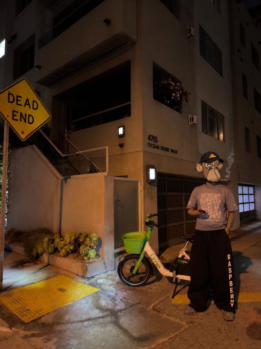 A nighttime street photo of a person in a monkey mask wearing a cap, gray t-shirt, and 'RASPBERRY' sweatpants, standing next to a green and white bicycle outside '475 OCEAN FRONT WALK' near a 'DEAD END' sign.