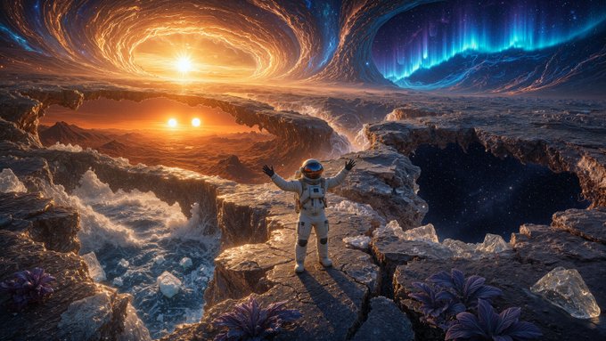 A digital illustration of an astronaut standing on a rocky alien planet, arms outstretched, facing a surreal sky featuring two swirling galaxies—one glowing orange with twin suns and the other a vibrant blue with aurora-like lights.