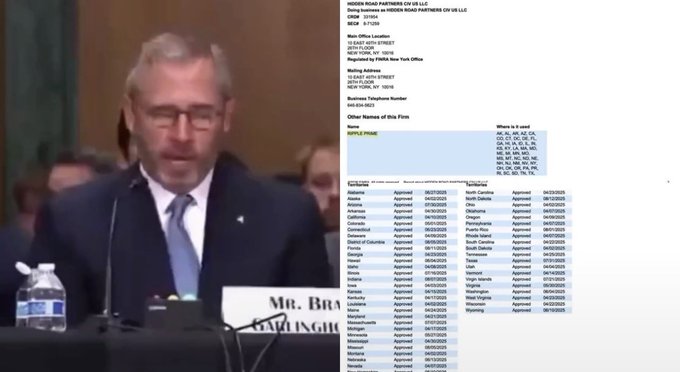 A man in a suit labeled 'MR. BRAN...' (Brandenburg) speaks at a congressional hearing, with an official document listing committee approvals for various U.S. states and territories.