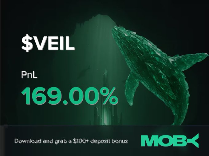A promotional graphic for Moby showcasing a successful trade on the $VEIL token, featuring a green crystal whale with the headline "PnL 169.00%" against a dark underwater background. The banner includes a call-to-action to download Moby and claim a $100+ deposit bonus, highlighting the trader's profit from $95.92K to $315.42K market cap.