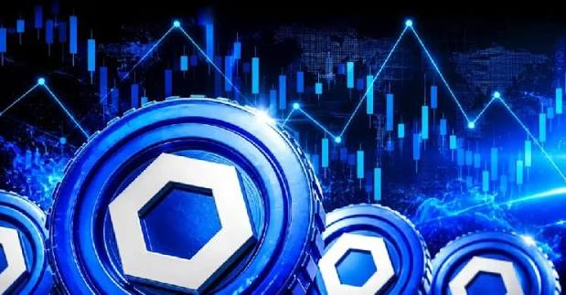 A digital illustration features blue Chainlink (LINK) cryptocurrency coins against a backdrop of stock market candlestick charts and glowing data points.