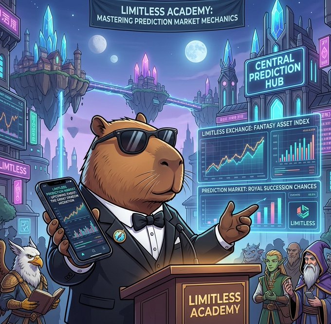A fantasy illustration of an anthropomorphic capybara in a tuxedo and sunglasses at the 'Limitless Academy: Mastering Prediction Market Mechanics' podium, with a 'Central Prediction Hub' and 'Limitless Exchange: Fantasy Asset Index' display in the background.
