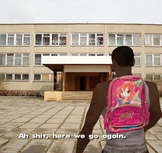 A meme showing a shirtless character wearing a pink 'Winx Club' backpack facing a school building, captioned 'Ah shit, here we go again.'