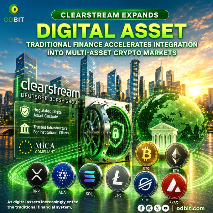 A promotional graphic from ODBIT announces that Clearstream (Deutsche Börse Group) is expanding its regulated digital asset custody services, highlighting its MiCA compliance, institutional infrastructure, and support for major cryptocurrencies including BTC, ETH, XRP, ADA, SOL, LTC, XLM, and AVAX, aligning with the post's theme of traditional finance accelerating integration into multi-asset crypto markets.
