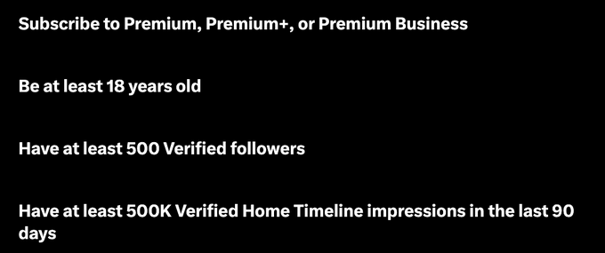 The image displays eligibility requirements for a Twitter/X premium verification program, listing four criteria: subscribing to Premium, Premium+, or Premium Business; being at least 18 years old; having at least 500 Verified followers; and having at least 500K Verified Home Timeline impressions in the last 90 days. The post asking "who replaced Nikita?" appears unrelated, possibly referencing a search for who took over a role or position previously held by someone named Nikita, with the image seemingly attached as an attempt to show requirements for gaining verification status.