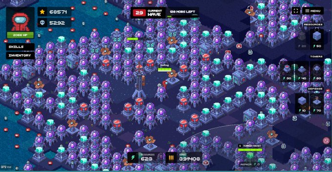 A screenshot from a tower defense-style strategy game with a purple alien theme, showing numerous mechanical units, resource counts in the top left, and a wave counter reading 29.
